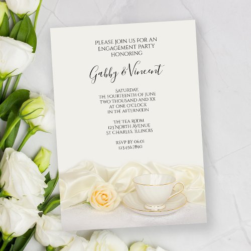 Tea Cup with White Rose Engagement Party Invitation