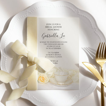 Tea Cup With White Rose Floral Bridal Shower Invitation by loraseverson at Zazzle