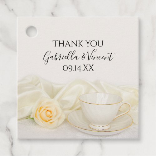 Tea Cup with White Rose Flower Wedding Favor Tags