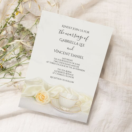 Tea Cup with White Rose Wedding Invitation