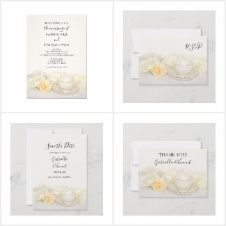 Tea Cup with White Rose Wedding Invitations