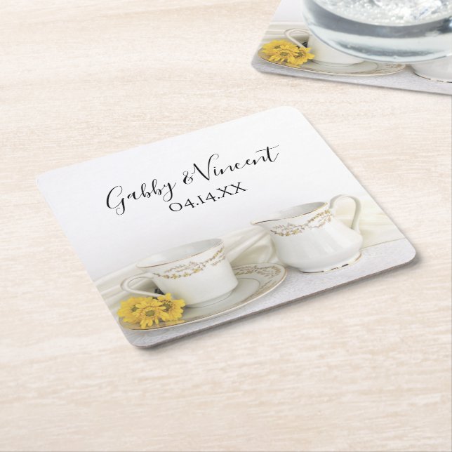 Tea Cup with Yellow Daisies Wedding Square Paper Coaster (Angled)
