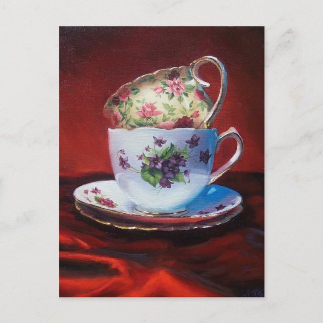 Tea Cups and Red Satin Postcard (Front)