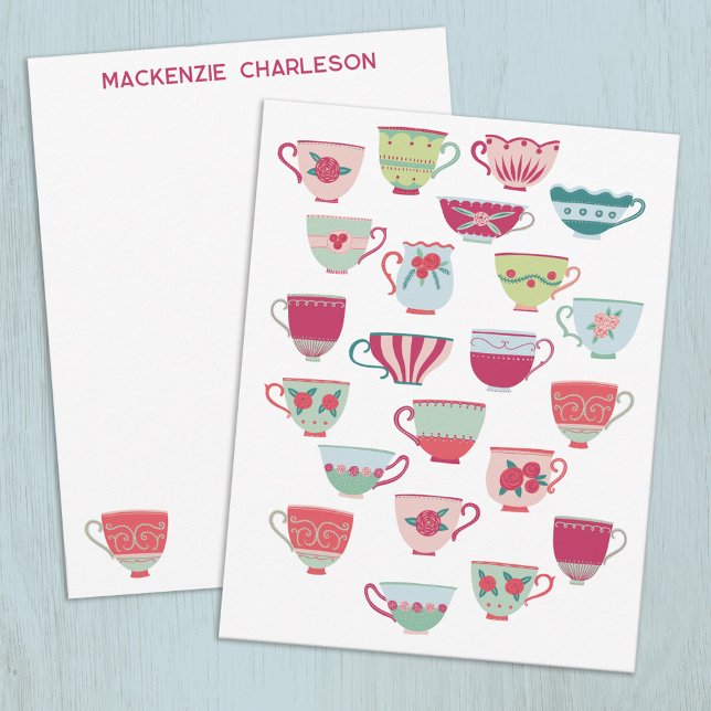 Tea Cups Fun Retro Vintage Personalized Note Card (Retro China Teacups personalized name or text notecards)