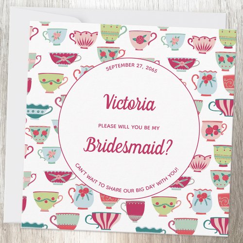 Tea Cups Modern Vintage Be My Bridesmaid Invitation