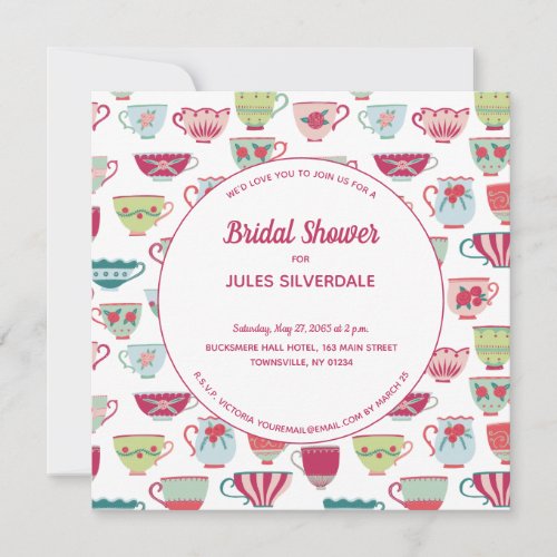 Tea Cups Modern Vintage Bridal Shower Invitation