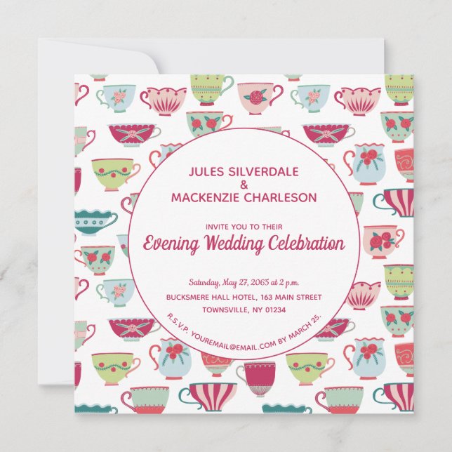 Tea Cups Modern Vintage Evening Wedding Invitation (Front)
