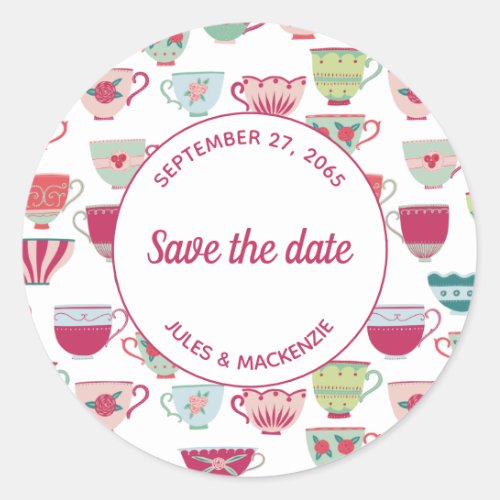 Tea Cups Modern Vintage Save the Date Classic Round Sticker