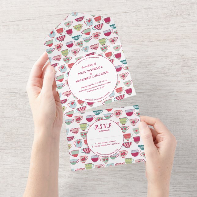 Tea Cups Modern Vintage Wedding All In One Invitation (Tearaway)