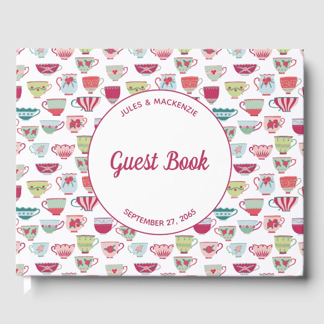 Tea Cups Modern Vintage Wedding Guest Book (Front)