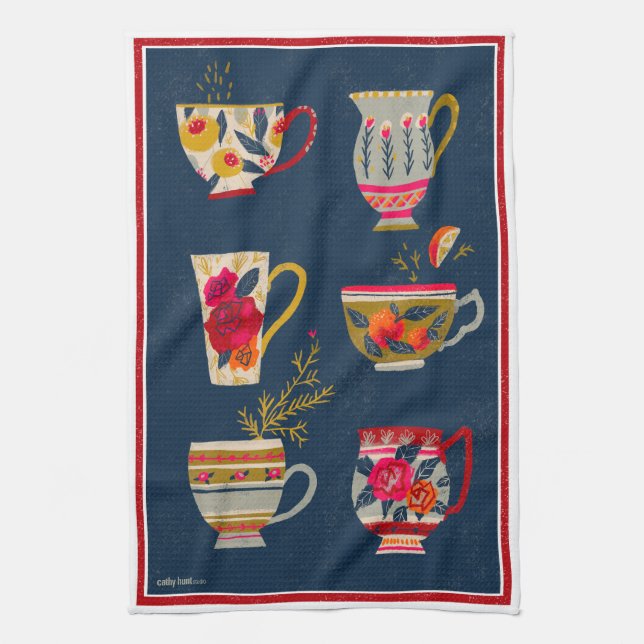 Tea Cups Navy Tea Towel (Vertical)