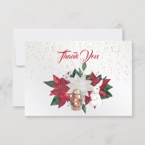 Tea Cups Poinsettia Rabbit Christmas Thank You Card