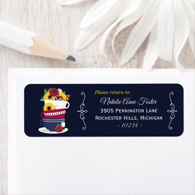 Tea Cups Stacked Roses & Sunflowers Return Address Label (Insitu)