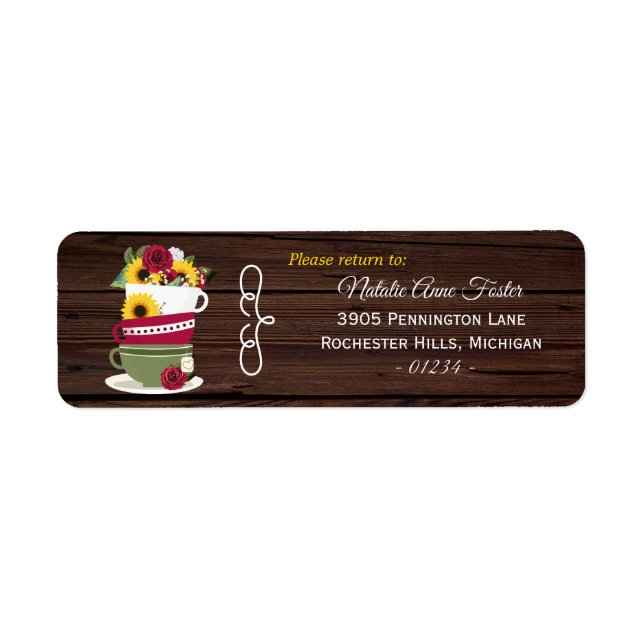 Tea Cups Stacked Roses & Sunflowers Rustic Address Label (Front)
