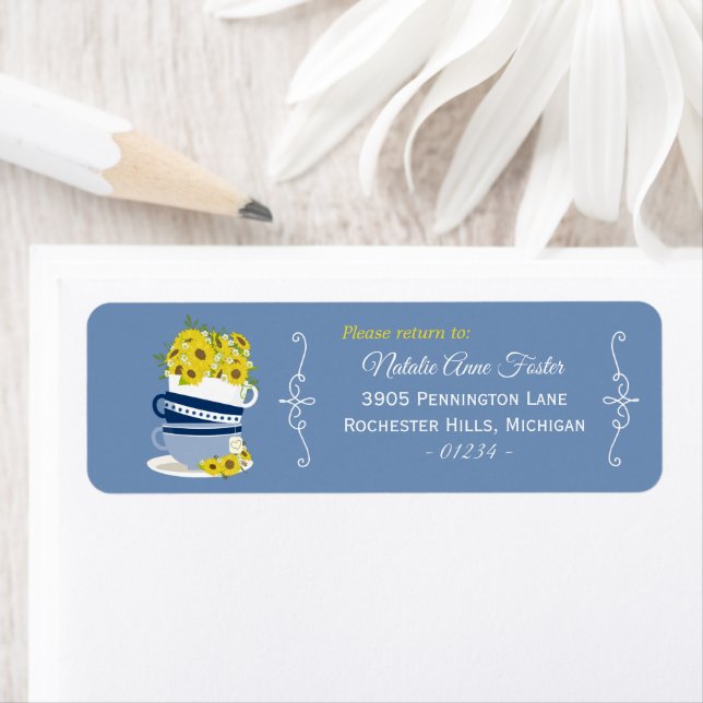 Tea Cups Stacked Sunflowers Return Address Label (Insitu)