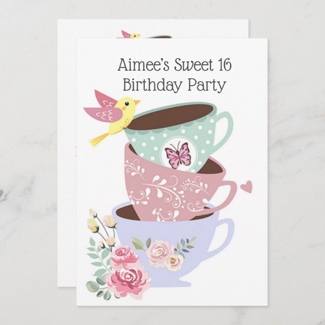 Tea Cups Sweet 16 Birthday Party Invitation (Front/Back)
