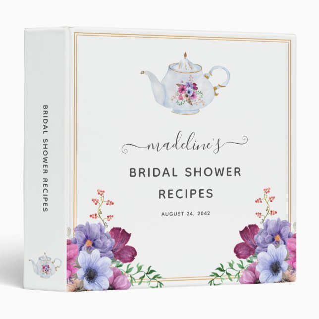 Tea Floral Bridal Shower Recipe 3 Ring Binder (Front/Spine)