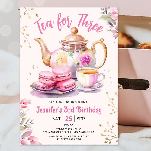 Tea For Three 3rd Birthday Girl Pink Tea Party  Invitation