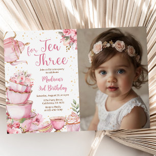 Tea For Three 3rd Birthday Party Pink Floral Photo Invitation