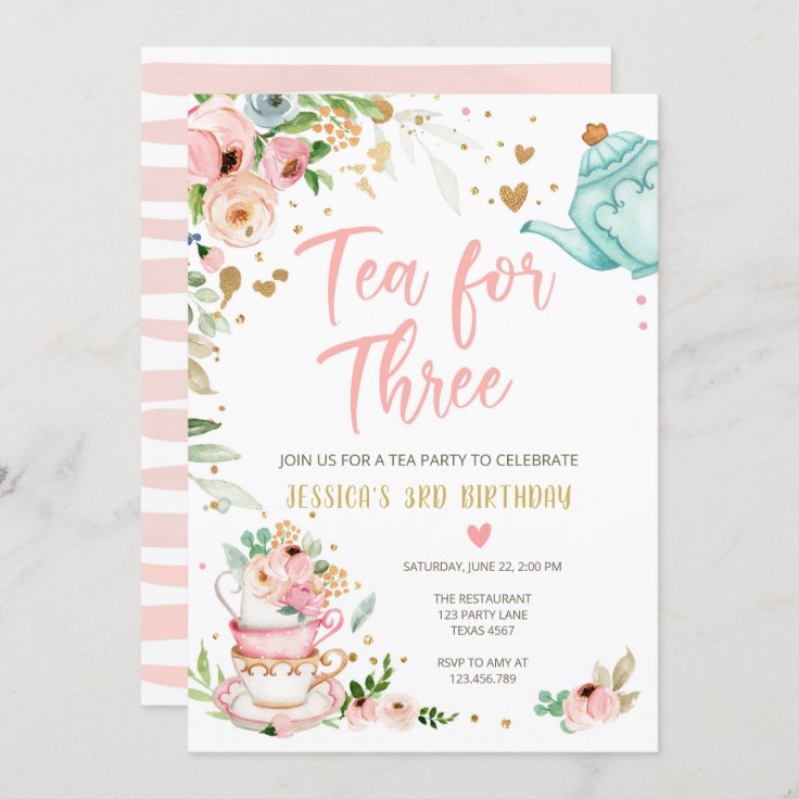 Tea for Three Birthday Invitation Floral Tea Party | Zazzle