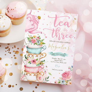 Tea For Three Birthday Party Pink Floral Tea Party Invitation