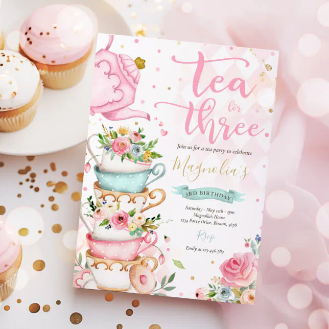 Tea For Three Birthday Party Pink Floral Tea Party Invitation 