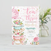 Tea For Three Birthday Party Pink Floral Tea Party Invitation (Standing Front)