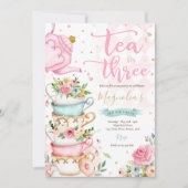 Tea For Three Birthday Party Pink Floral Tea Party Invitation (Front)