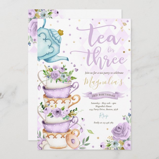 Tea For Three Birthday Purple Floral Tea Party Invitation (Front/Back)