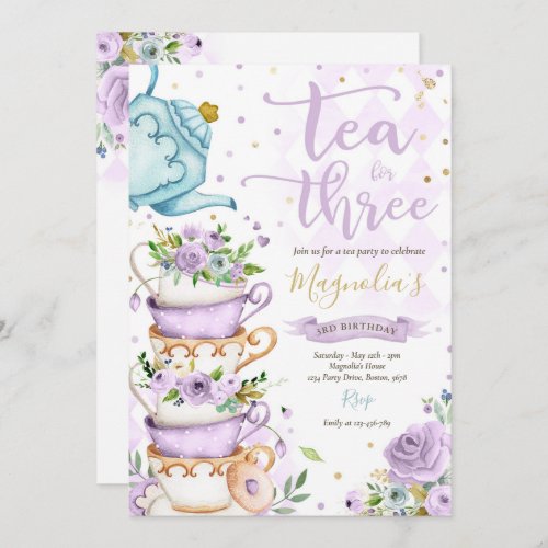 Tea For Three Birthday Purple Floral Tea Party Invitation