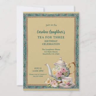Tea For Three Flower Garden Birthday Invitation
