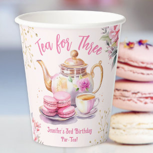 Tea For Three! Girl Pink 3rd Birthday Tea Party Paper Cups