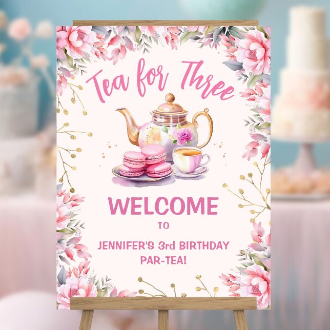 Tea For Three! Girl Pink Floral 3rd Birthday Party Foam Board (Creator Uploaded)