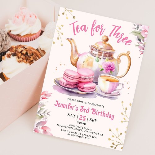 Tea For Three Girl Pink Floral 3rd Birthday Party Invitation