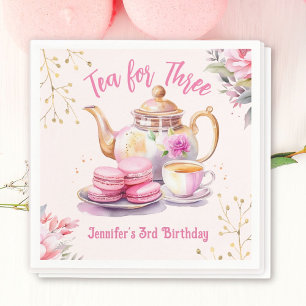 Tea For Three! Girl Pink Floral 3rd Birthday Party Napkins