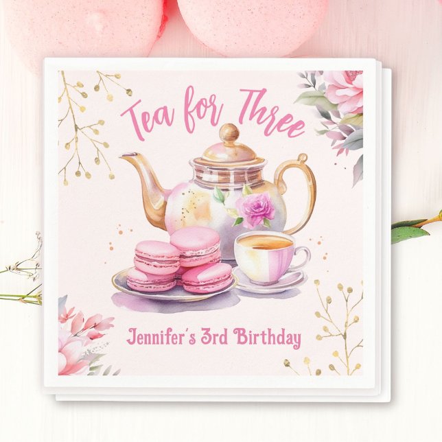 Tea For Three! Girl Pink Floral 3rd Birthday Party Napkins (Creator Uploaded)