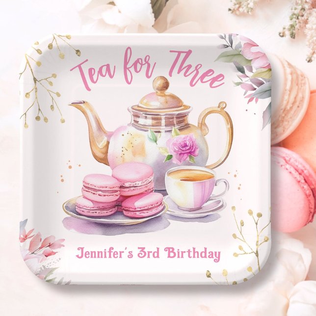 Tea For Three! Girl Pink Floral 3rd Birthday Party Paper Plates (Creator Uploaded)