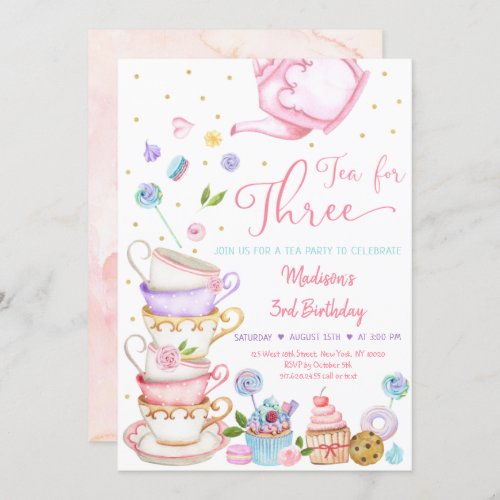 Tea For Three Pink Floral Tea Party Birthday Invitation