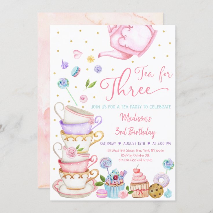 Tea For Three Pink Floral Tea Party Birthday Invitation | Zazzle