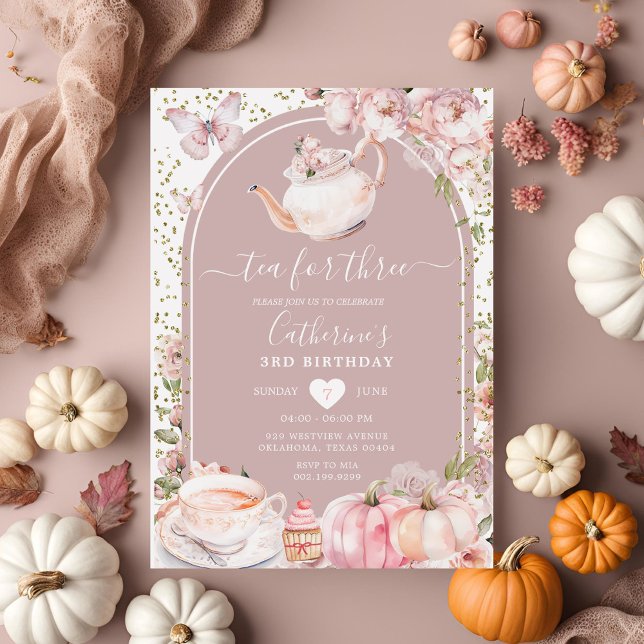 Tea for Three Pink Peony Pumpkin Fall 3rd Birthday Invitation (Creator Uploaded)