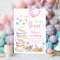 Tea For Three Pink Tea Party Birthday Invitation