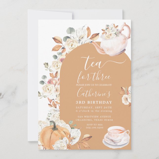 Tea for Three Pumpkin Boho Floral 3rd Birthday Invitation (Front)