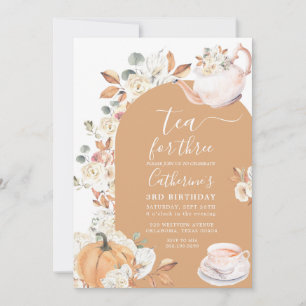 Tea for Three Pumpkin Boho Floral 3rd Birthday Invitation