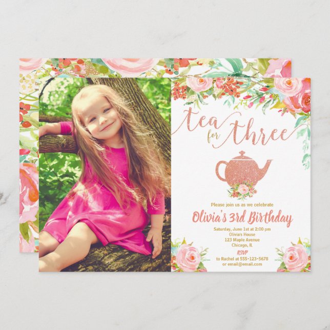 Tea for three rose gold 3rd birthday floral photo invitation (Front/Back)