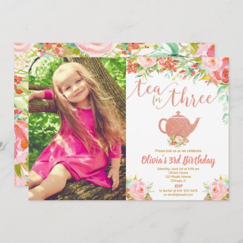 Tea for three rose gold 3rd birthday floral photo invitation