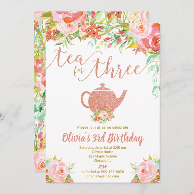Tea for three rose gold girl 3rd third birthday invitation (Front/Back)