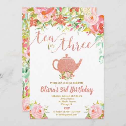 Tea for three rose gold girl 3rd third birthday invitation