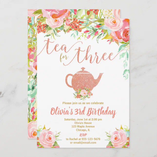 Tea for three rose gold girl 3rd third birthday invitation | Zazzle