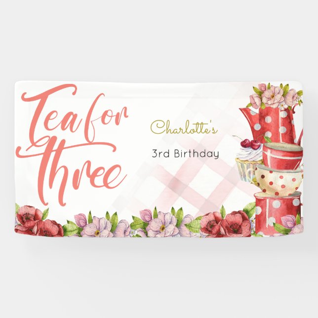 Tea for three, tea flowery birthday banner (Horizontal)
