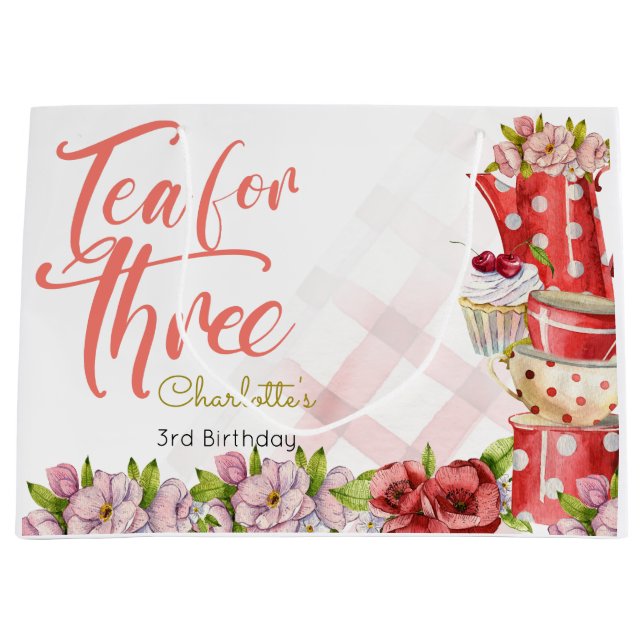 Tea for three, tea flowery birthday large gift bag (Front)